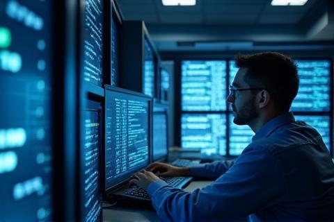 Cybersecurity professional working on a computer