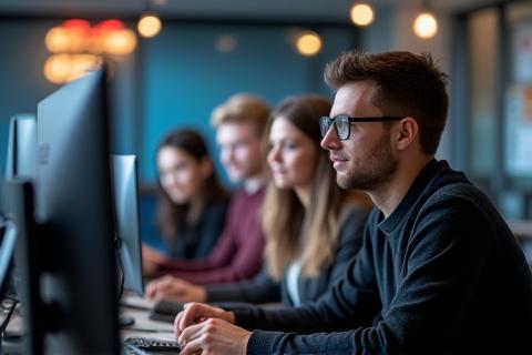 Students working on laptops in a web development bootcamp